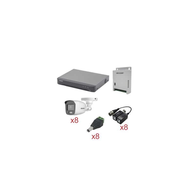 KIT TurboHD con Audio 1080p / DVR 8 Canales / 8 Cámaras Bala (exterior 2.8 mm) / Transceptores / Conectores / Fuente de 