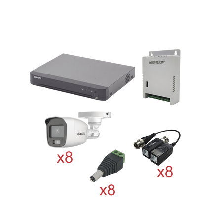 KIT TurboHD con Audio 1080p / DVR 8 Canales / 8 Cámaras Bala (exterior 2.8 mm) / Transceptores / Conectores / Fuente de 