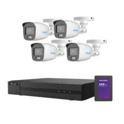 Kit TurboHD 1080p + SSD 1 TB / DVR 4 Canales / 4 Cámaras Bala ColorVu con Micrófono Integrado / Fuente de Poder / Acceso