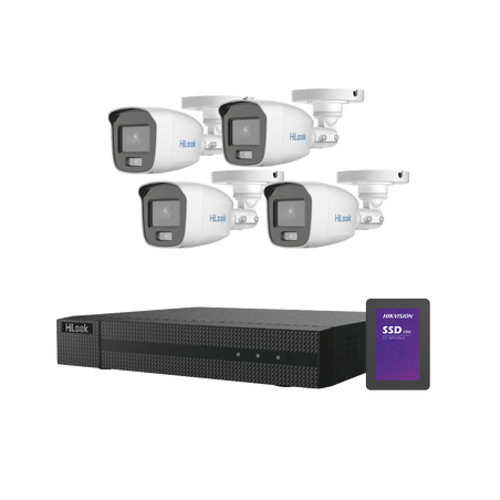 Kit TurboHD 1080p + SSD 1 TB / DVR 4 Canales / 4 Cámaras Bala ColorVu con Micrófono Integrado / Fuente de Poder / Acceso