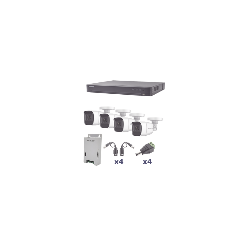 KIT TurboHD 1080p / DVR 4 Canales / 4 Cámaras Bala Policarbonato con Audio Integrado (exterior 2.8 mm) / Transceptores /