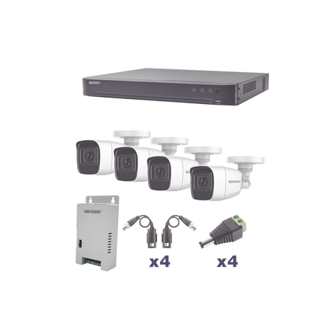 KIT TurboHD 1080p / DVR 4 Canales / 4 Cámaras Bala Policarbonato con Audio Integrado (exterior 2.8 mm) / Transceptores /