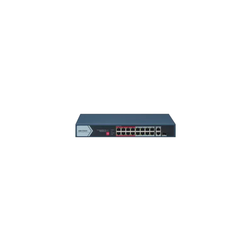 Switch PoE+ / No Administrable / 16 Puertos 10/100 Mbps PoE+ / 2 Puertos 1000 Mbps Uplink / 1 Puerto SFP Uplink / Modo E