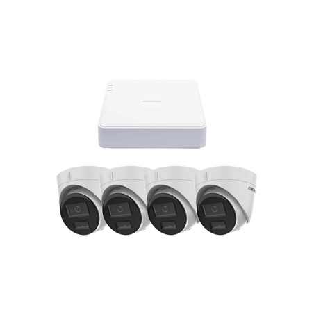 Kit IP 1080p (2 Megapixel) / NVR de 4 Canales con 4 Puertos PoE / 4 Cámaras IP Turret con Micrófono Integrado / ColorVu 