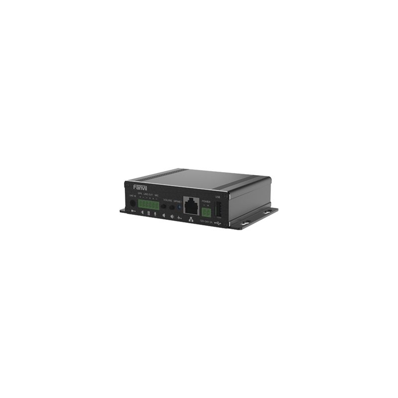 Gateway para Voceo IP/SIP,  Entrada de audio (3.5mm), salida de amplificador integrado de hasta 30W, puerto USB (reprodu