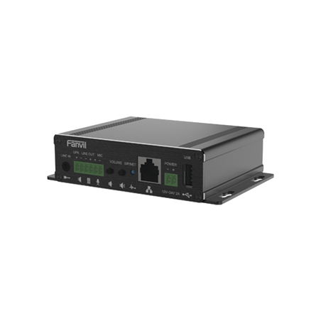 Gateway para Voceo IP/SIP,  Entrada de audio (3.5mm), salida de amplificador integrado de hasta 30W, puerto USB (reprodu