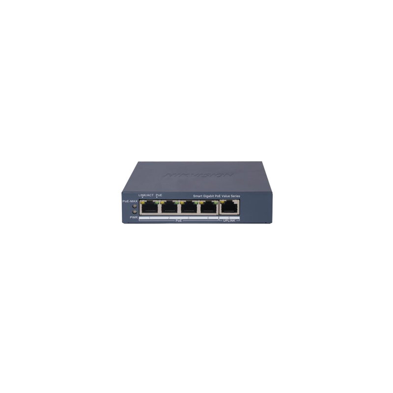 Switch Gigabit PoE+ / Monitoreable / 4 Puertos 1000 Mbps PoE+ / 1 Puerto 1000 Mbps Uplink / Configuración Nube Hik-Partn