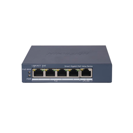 Switch Gigabit PoE+ / Monitoreable / 4 Puertos 1000 Mbps PoE+ / 1 Puerto 1000 Mbps Uplink / Configuración Nube Hik-Partn