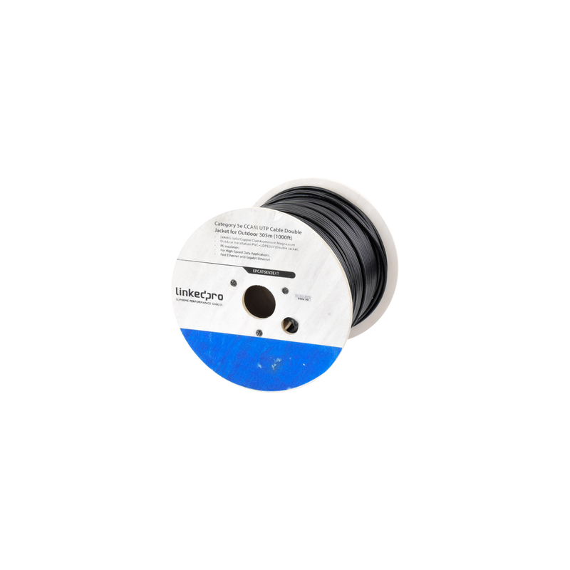 Bobina de Cable de 305 Metros (1000 Pies) Cat5e, Aleación de Cobre y Aluminio (CCA), Color Negro, Uso Intemperie, Doble 